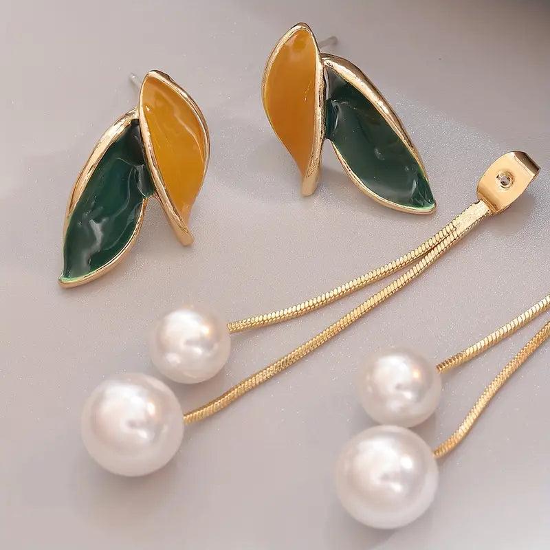 Elegant Leaf Pearl Drop Earrings