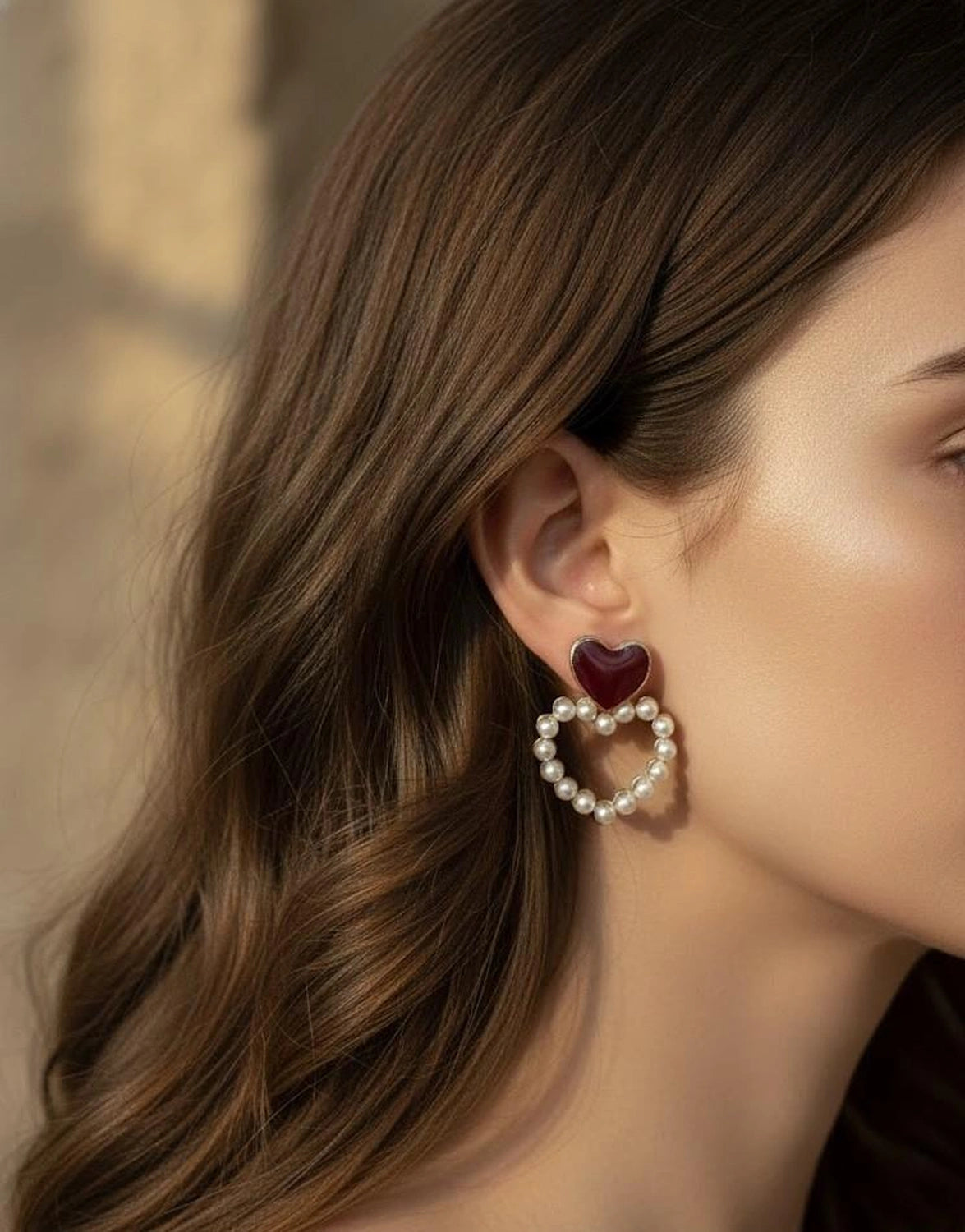 Red hoop & pearl earring