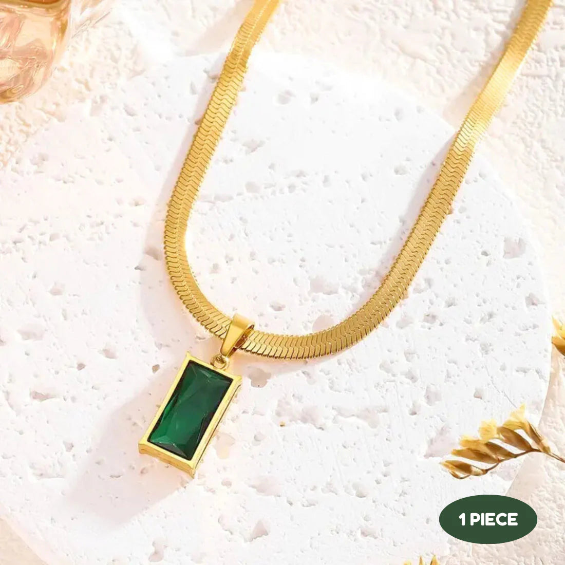 Anti-Tarnish Snake Chain with green pendant