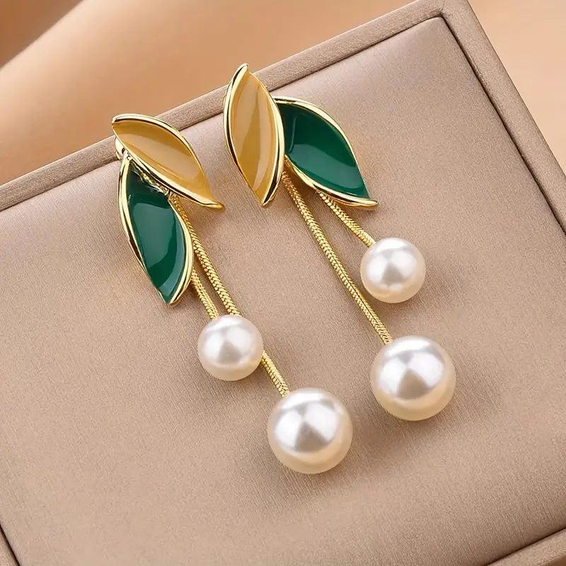 Elegant Leaf Pearl Drop Earrings