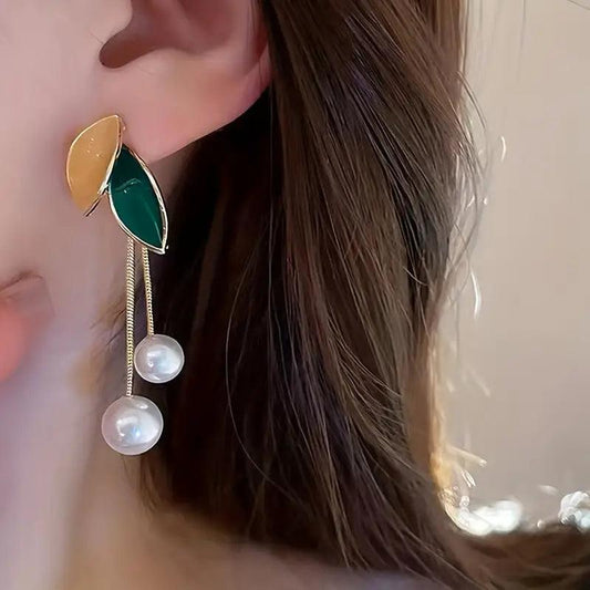 Elegant Leaf Pearl Drop Earrings