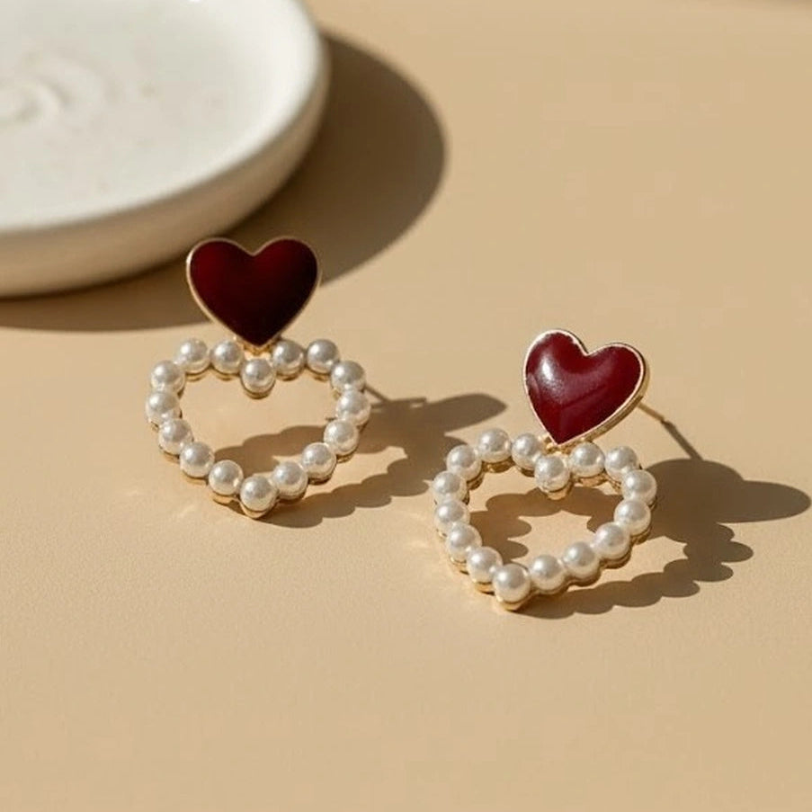 Red hoop & pearl earring